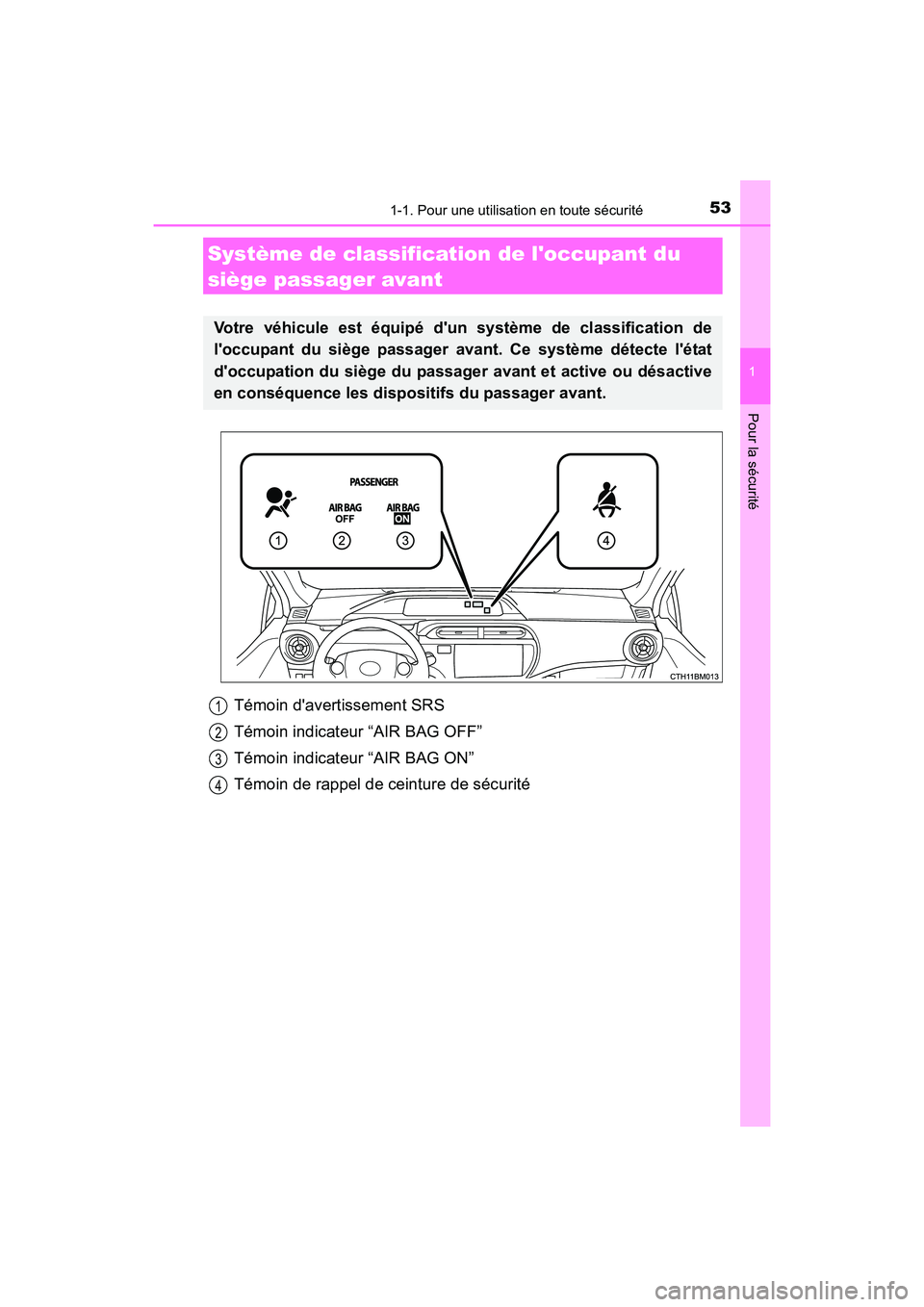 TOYOTA PRIUS C 2016  Manuel du propriétaire (in French) 531-1. Pour une utilisation en toute sécurité
1
Pour la sécurité
PRIUS c_D (OM52F96D)
Témoin davertissement SRS
Témoin indicateur “AIR BAG OFF”
Témoin indicateur “AIR BAG ON”
Témoin d