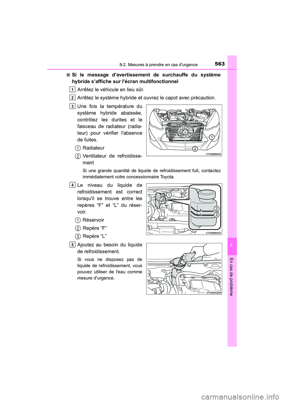 TOYOTA PRIUS C 2016  Manuel du propriétaire (in French) 5638-2. Mesures à prendre en cas durgence
8
En cas de problème
PRIUS c_D (OM52F96D)■
Si le message davertissement de surchauffe du système
hybride saffiche sur lécran multifonctionnel
Arrêt
