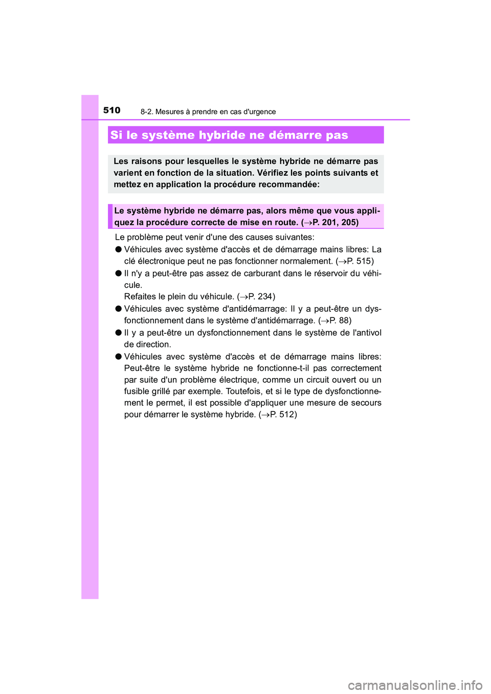 TOYOTA PRIUS C 2015 Manuel du propriétaire (in French) 5108-2. Mesures à prendre en cas durgence
PRIUS c_D (OM52F72D)
Le problème peut venir dune des causes suivantes:
●Véhicules avec système daccès et de démarrage mains libres: La
clé électr TOYOTA PRIUS C 2015 Manuel du propriétaire (in French) 5108-2. Mesures à prendre en cas durgence
PRIUS c_D (OM52F72D)
Le problème peut venir dune des causes suivantes:
●Véhicules avec système daccès et de démarrage mains libres: La
clé électr