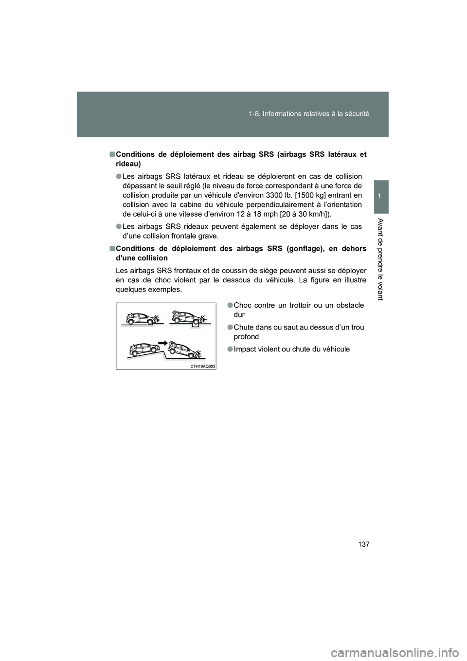 TOYOTA PRIUS C 2013  Manuel du propriétaire (in French) 137
1-8. Informations relatives à la sécurité
1
Avant de prendre le volant
PRIUS_C D
■
Conditions de déploiement des airbag SRS (airbags SRS latéraux et
rideau)
● Les airbags SRS latéraux et