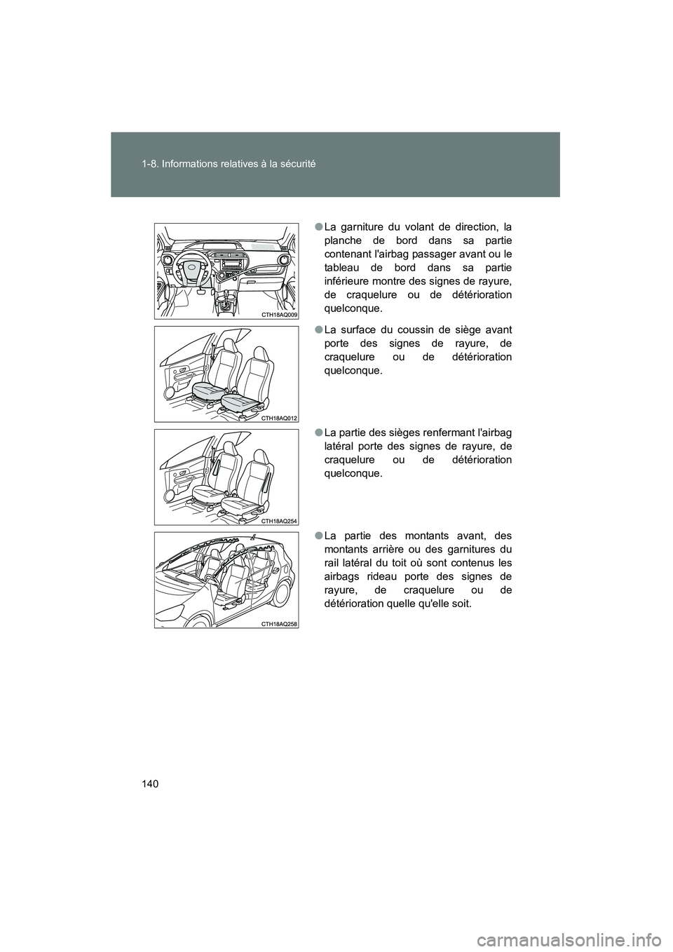 TOYOTA PRIUS C 2013  Manuel du propriétaire (in French) 140 1-8. Informations relatives à la sécurité
PRIUS_C D
●La garniture du volant de direction, la
planche de bord dans sa partie
contenant lairbag passager avant ou le
tableau de bord dans sa par