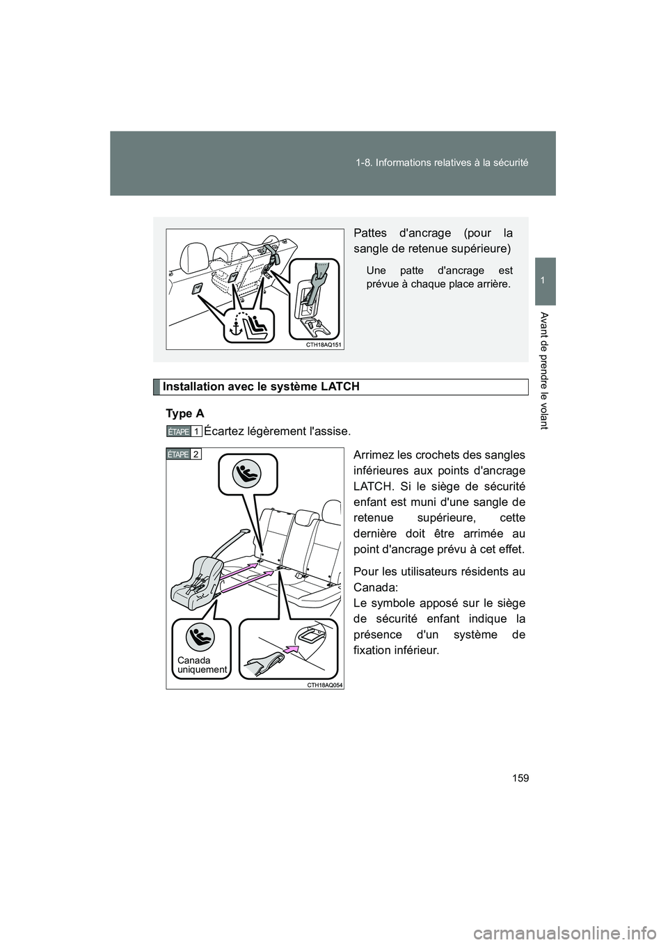 TOYOTA PRIUS C 2013  Manuel du propriétaire (in French) 159
1-8. Informations relatives à la sécurité
1
Avant de prendre le volant
PRIUS_C D
Installation avec le système LATCH
Ty p e  A Écartez légèrement lassise.
Arrimez les crochets des sangles
i