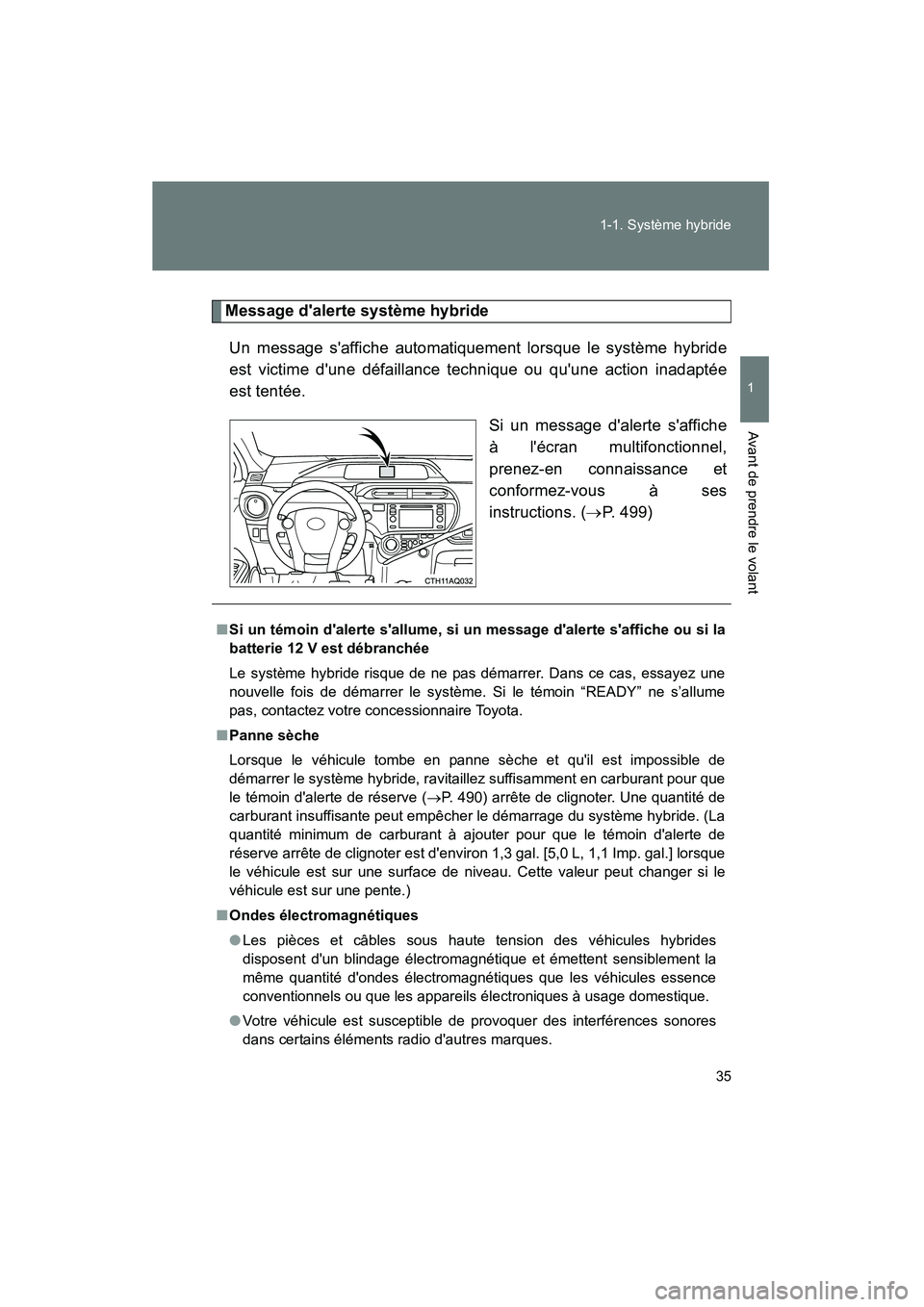 TOYOTA PRIUS C 2013  Manuel du propriétaire (in French) 35
1-1. Système hybride
1
Avant de prendre le volant
PRIUS_C D
Message dalerte système hybride
Un message saffiche automatiquement lorsque le système hybride
est victime dune défaillance techni