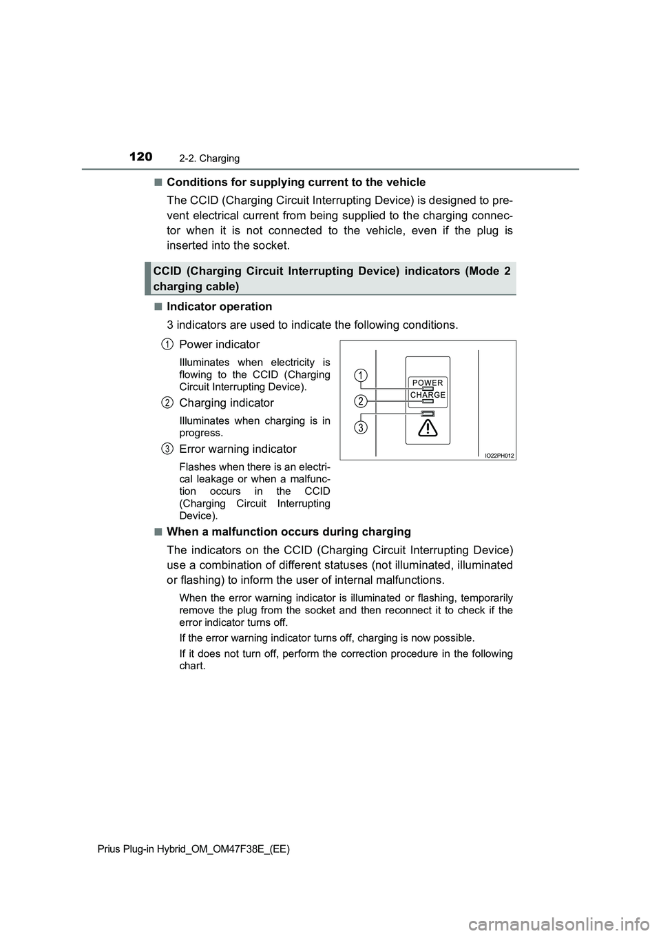 TOYOTA PRIUS PLUG-IN HYBRID 2023  Owners Manual 1202-2. Charging
Prius Plug-in Hybrid_OM_OM47F38E_(EE)
■Conditions for supplying current to the vehicle
The CCID (Charging Circuit Interrupting Device) is designed to pre-
vent electrical current fr