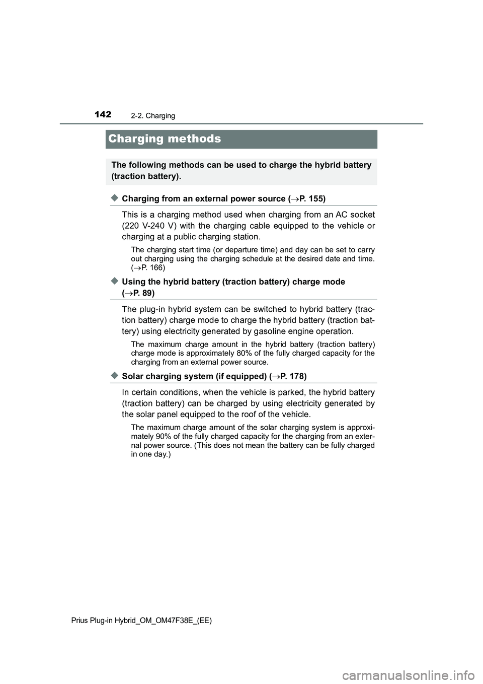 TOYOTA PRIUS PLUG-IN HYBRID 2023  Owners Manual 1422-2. Charging
Prius Plug-in Hybrid_OM_OM47F38E_(EE)
Charging methods
◆Charging from an external power source (P. 155)
This is a charging method used when charging from an AC socket
(220 V-240 