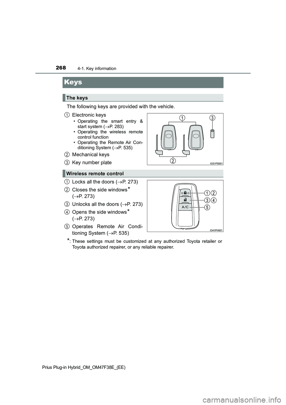 TOYOTA PRIUS PLUG-IN HYBRID 2023  Owners Manual 2684-1. Key information
Prius Plug-in Hybrid_OM_OM47F38E_(EE)
Keys
The following keys are provided with the vehicle.
Electronic keys
• Operating the smart entry &
start system (P. 283)
• Operat