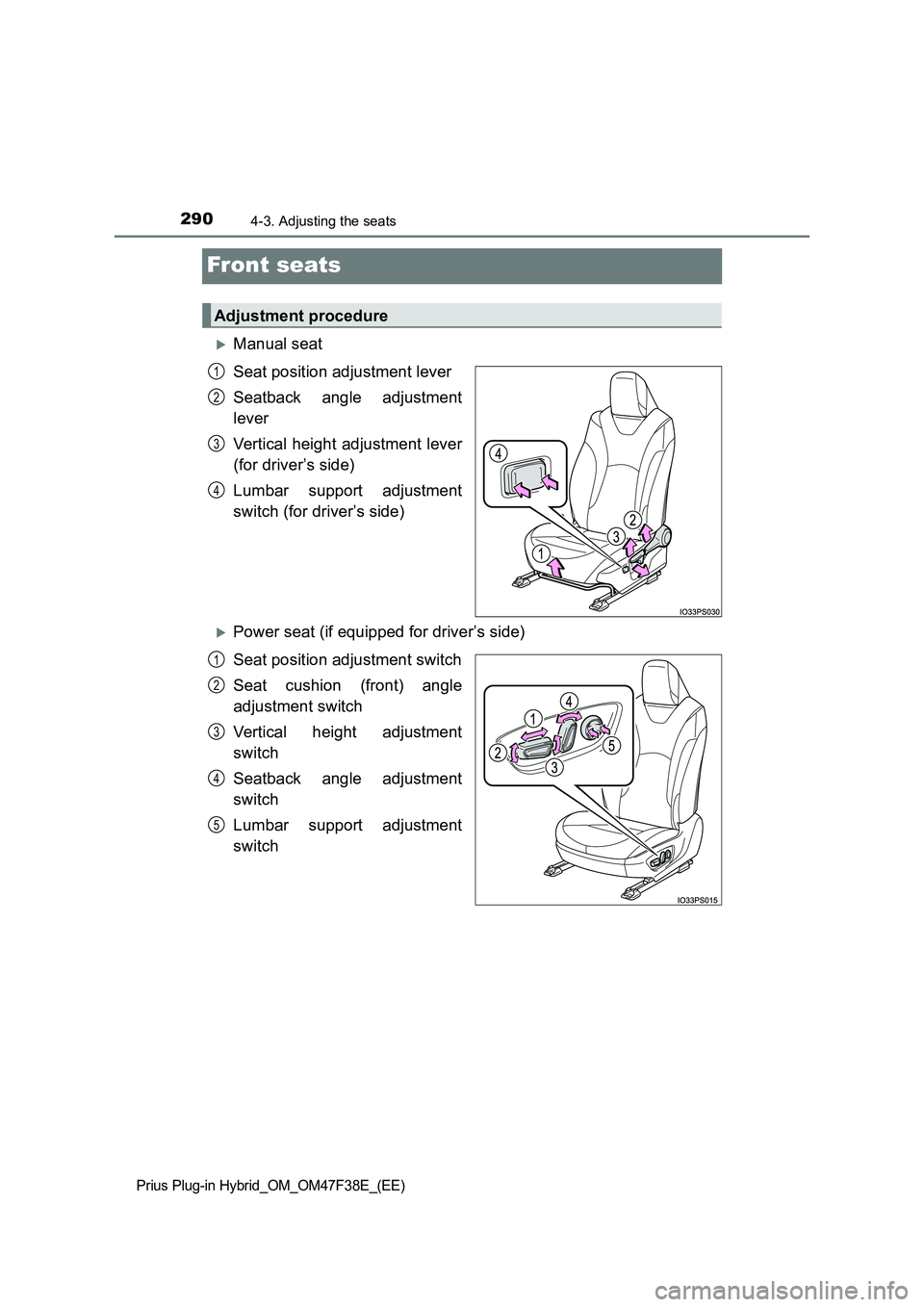 TOYOTA PRIUS PLUG-IN HYBRID 2023  Owners Manual 2904-3. Adjusting the seats
Prius Plug-in Hybrid_OM_OM47F38E_(EE)
Front seats
Manual seat 
Seat position adjustment lever 
Seatback angle adjustment 
lever 
Vertical height adjustment lever 
(for d