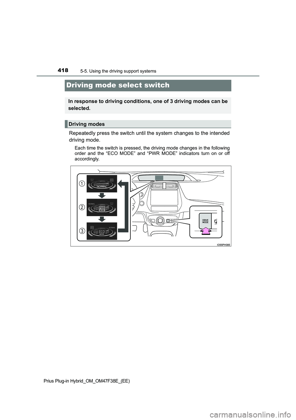 TOYOTA PRIUS PLUG-IN HYBRID 2023  Owners Manual 4185-5. Using the driving support systems
Prius Plug-in Hybrid_OM_OM47F38E_(EE)
Driving mode select switch
Repeatedly press the switch until the system changes to the intended
driving mode.
Each time 