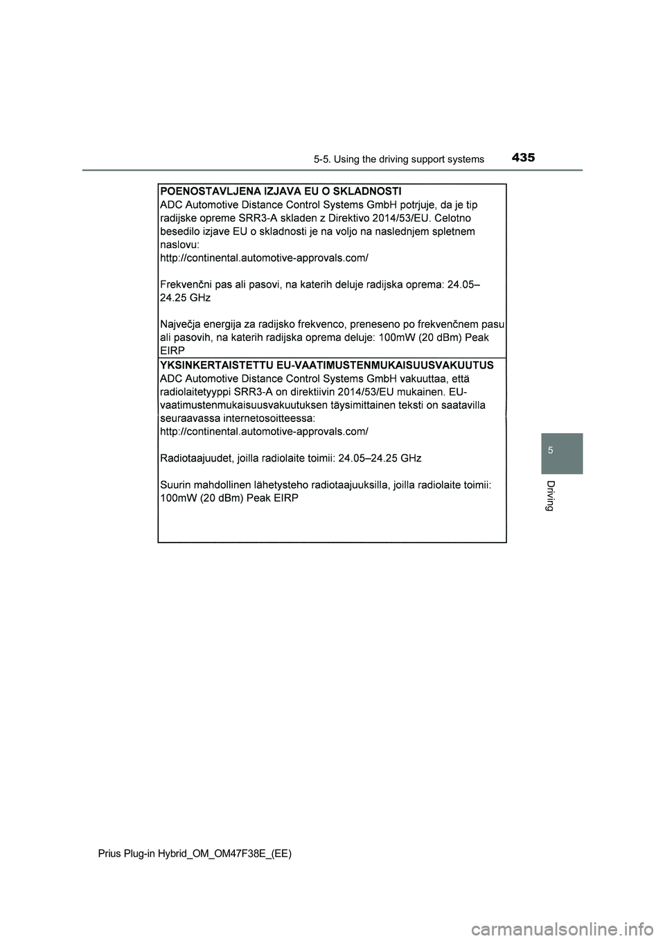 TOYOTA PRIUS PLUG-IN HYBRID 2023  Owners Manual 4355-5. Using the driving support systems
Prius Plug-in Hybrid_OM_OM47F38E_(EE)
5
Driving 