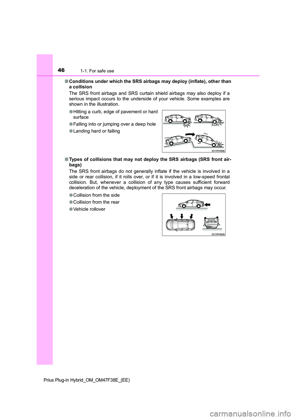 TOYOTA PRIUS PLUG-IN HYBRID 2023  Owners Manual 461-1. For safe use
Prius Plug-in Hybrid_OM_OM47F38E_(EE)
■Conditions under which the SRS airbags may deploy (inflate), other than 
a collision 
The SRS front airbags and SRS curtain shield airbags 
