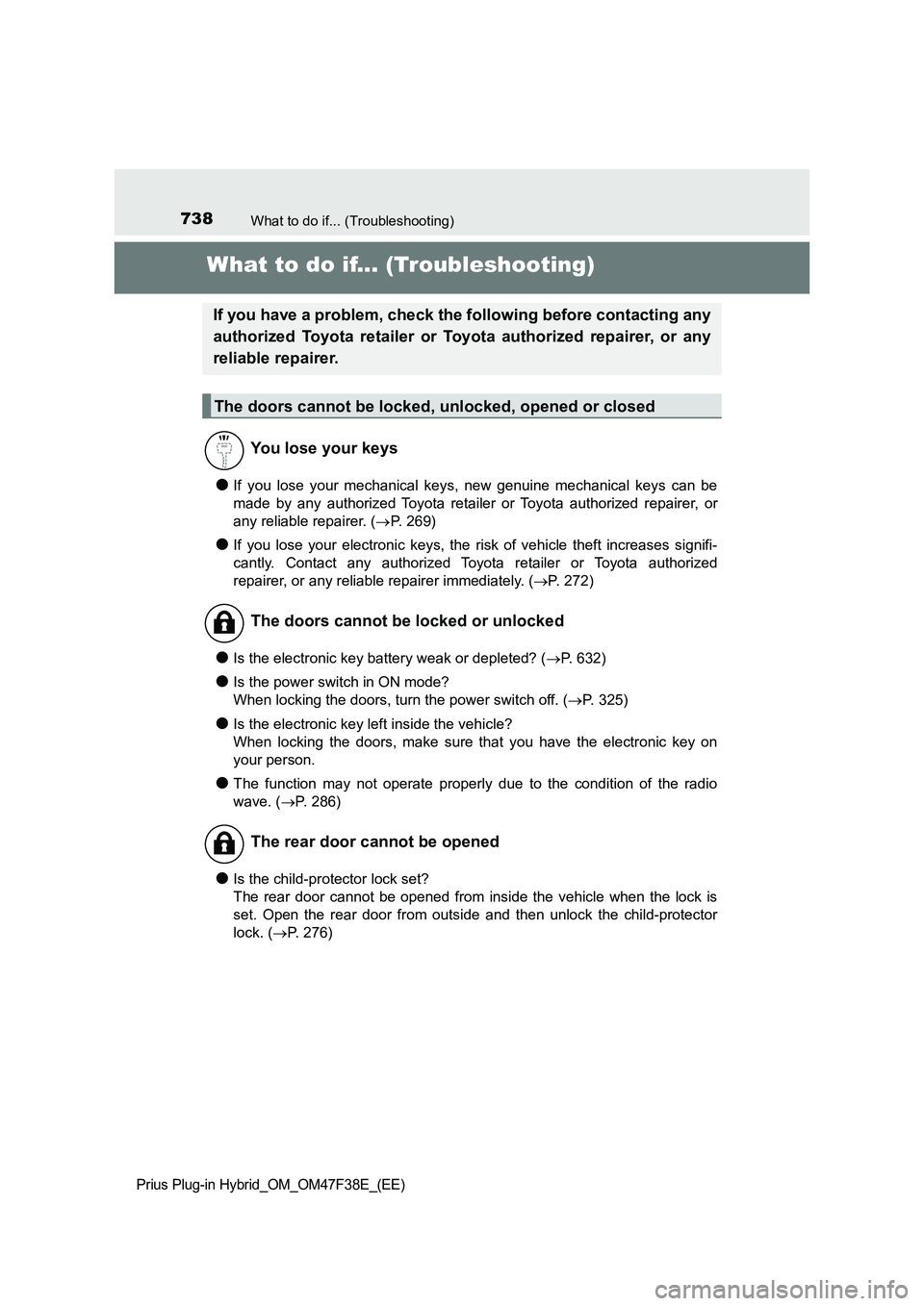 TOYOTA PRIUS PLUG-IN HYBRID 2023  Owners Manual 738What to do if... (Troubleshooting)
Prius Plug-in Hybrid_OM_OM47F38E_(EE)
What to do if... (Troubleshooting)
●If you lose your mechanical keys, new genuine mechanical keys can be
made by any autho