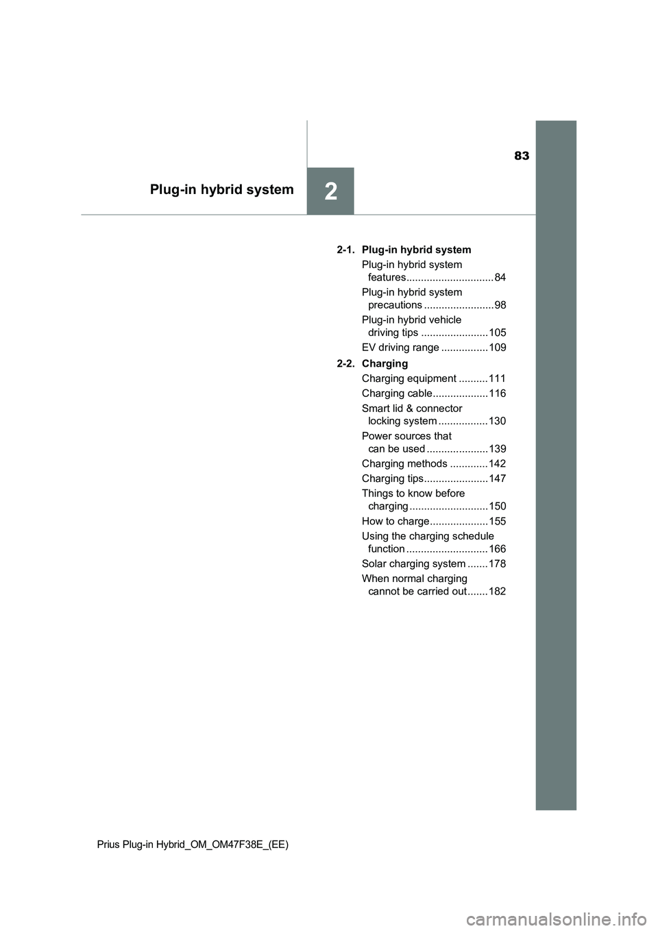 TOYOTA PRIUS PLUG-IN HYBRID 2023  Owners Manual 83
2Plug-in hybrid system
Prius Plug-in Hybrid_OM_OM47F38E_(EE)
2-1. Plug-in hybrid system
Plug-in hybrid system 
features.............................. 84
Plug-in hybrid system 
precautions .........