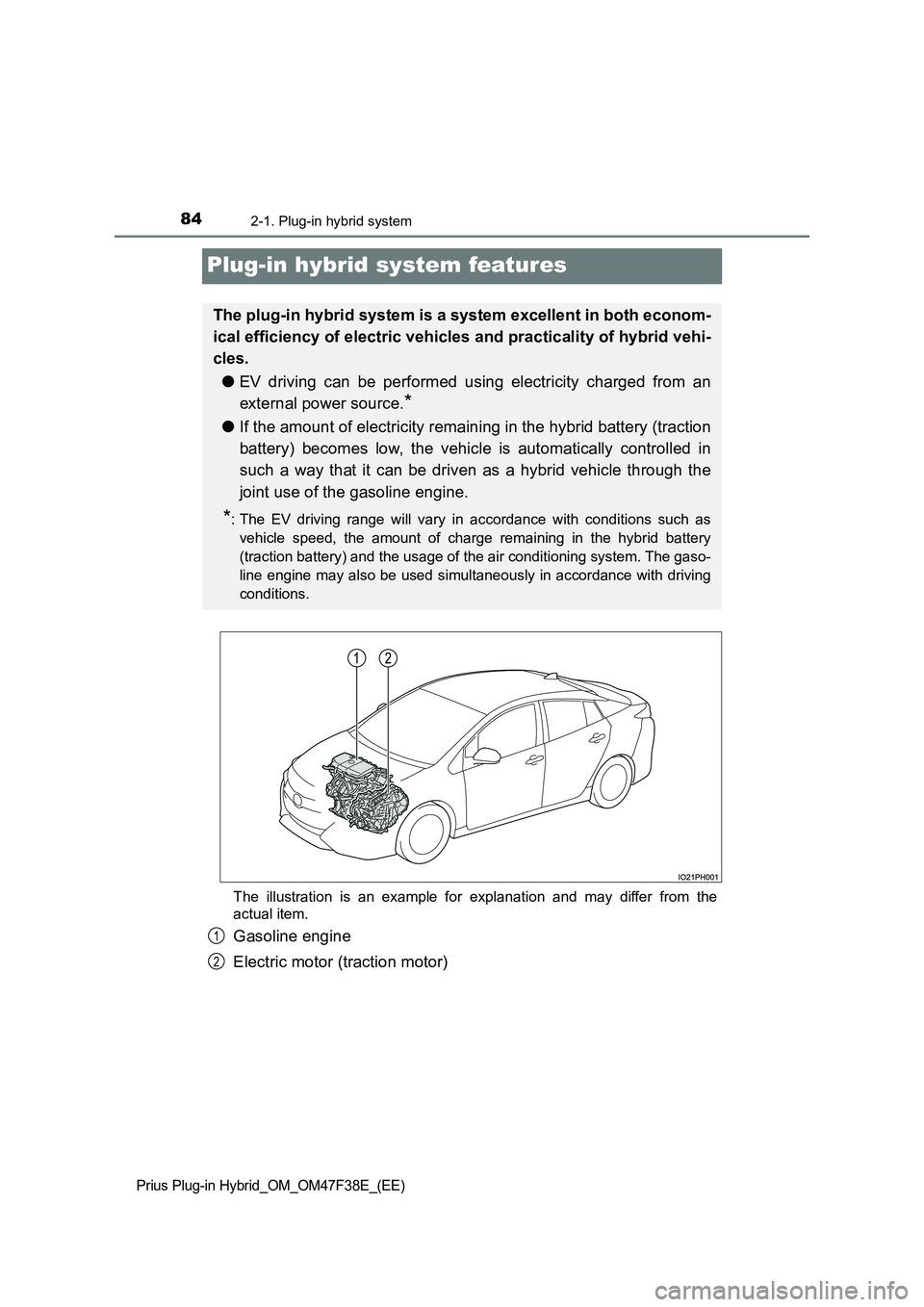TOYOTA PRIUS PLUG-IN HYBRID 2023  Owners Manual 842-1. Plug-in hybrid system
Prius Plug-in Hybrid_OM_OM47F38E_(EE)
Plug-in hybrid system features
The illustration is an example for explanation and may differ from the 
actual item.
Gasoline engine 
