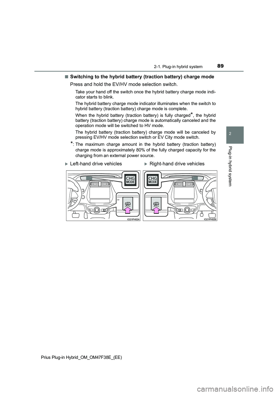 TOYOTA PRIUS PLUG-IN HYBRID 2023  Owners Manual 892-1. Plug-in hybrid system
2
Plug-in hybrid system
Prius Plug-in Hybrid_OM_OM47F38E_(EE)
■Switching to the hybrid battery (traction battery) charge mode
Press and hold the EV/HV mode selection swi