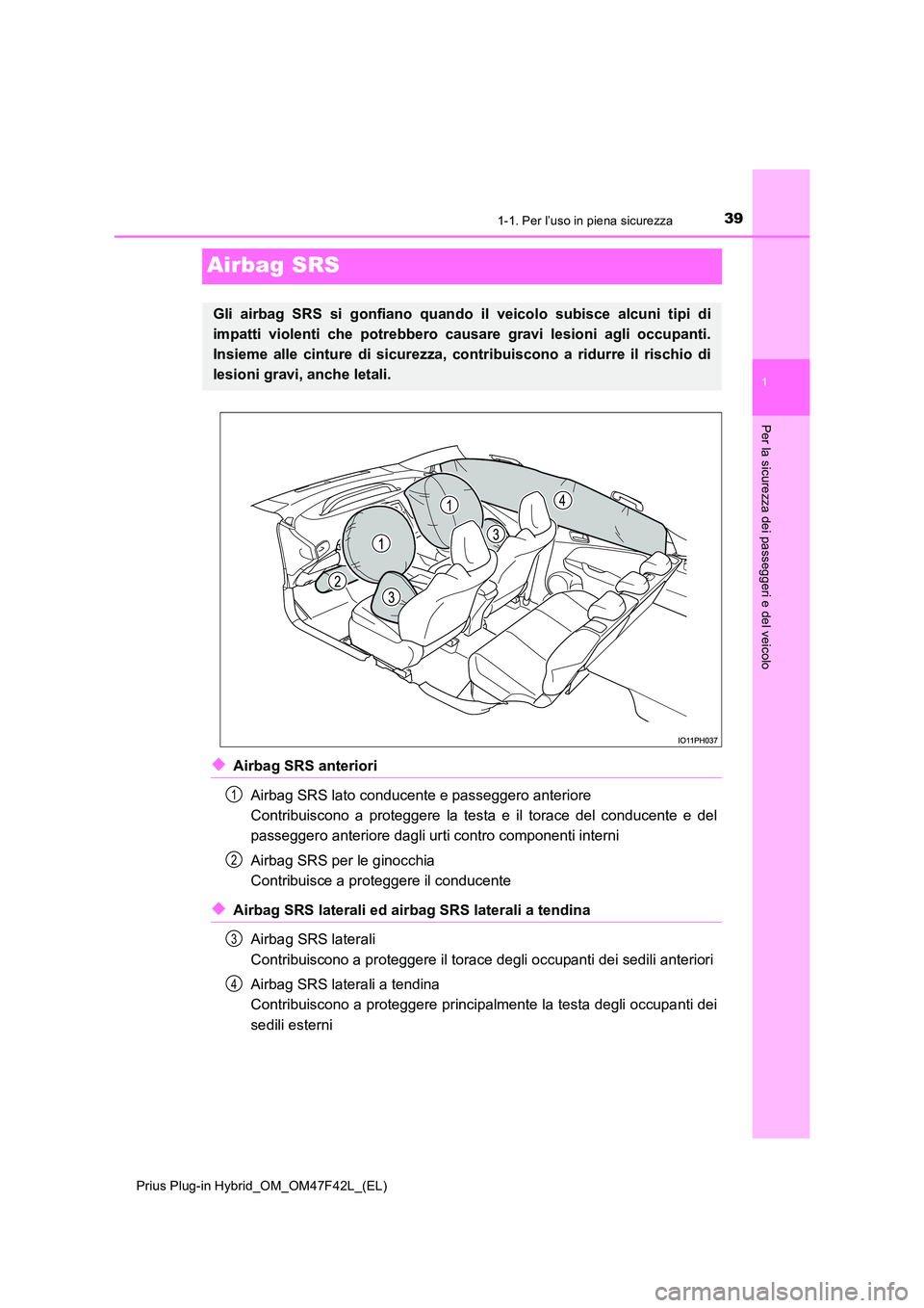 TOYOTA PRIUS PLUG-IN HYBRID 2023  Manuale duso (in Italian) 391-1. Per l’uso in piena sicurezza
1
Per la sicurezza dei passeggeri e del veicolo
Prius Plug-in Hybrid_OM_OM47F42L_(EL)
Airbag SRS
◆Airbag SRS anteriori 
Airbag SRS lato conducente e passeggero 