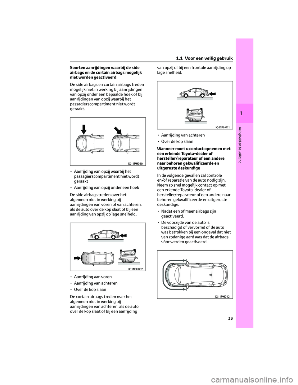TOYOTA PRIUS PLUG-IN HYBRID 2023 Instructieboekje (in Dutch) Soorten aanrijdingen waarbij de side
airbags en de curtain airbags mogelijk
niet worden geactiveerd
De side airbags en curtain airbags treden
mogelijk niet in werking bij aanrijdingen
van opzij onder TOYOTA PRIUS PLUG-IN HYBRID 2023 Instructieboekje (in Dutch) Soorten aanrijdingen waarbij de side
airbags en de curtain airbags mogelijk
niet worden geactiveerd
De side airbags en curtain airbags treden
mogelijk niet in werking bij aanrijdingen
van opzij onder