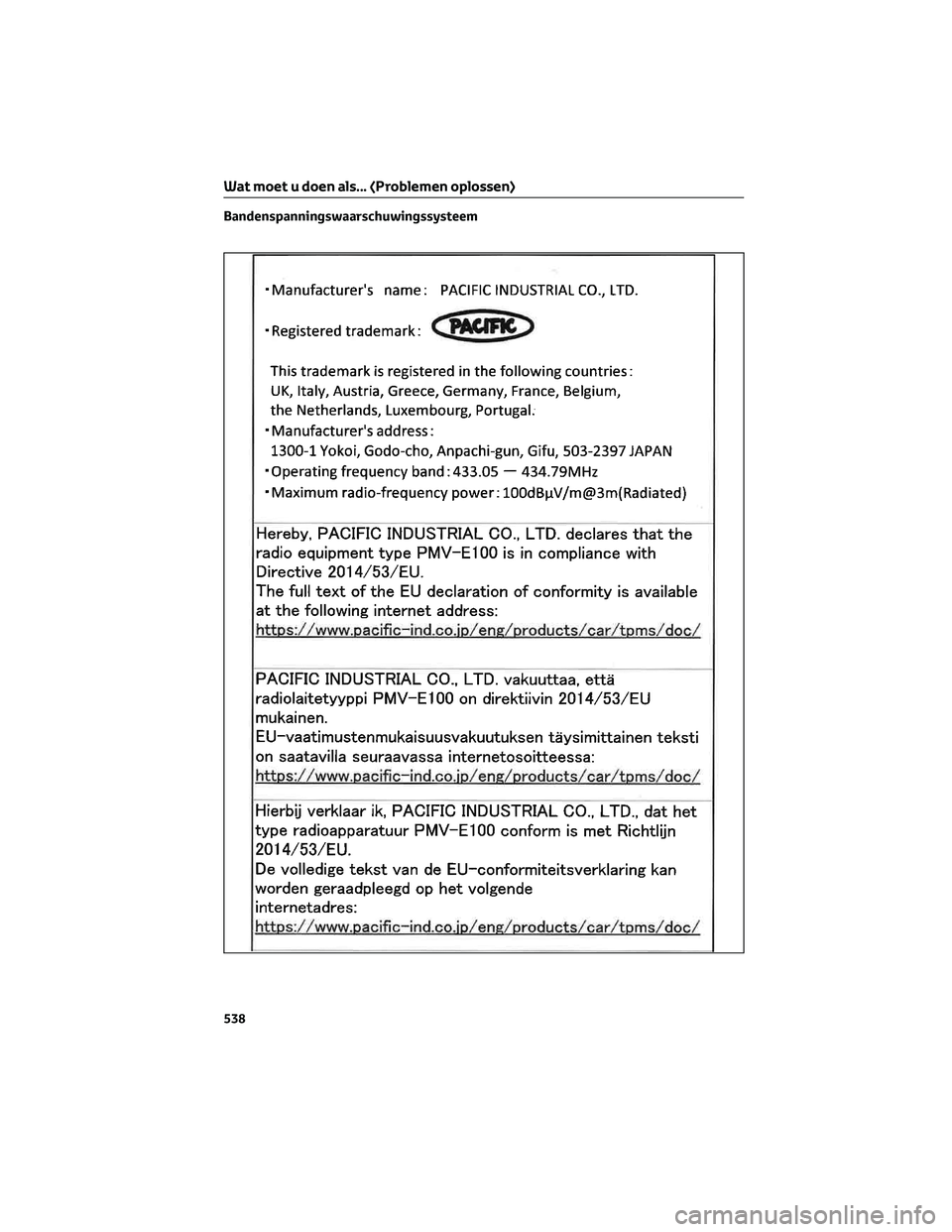 TOYOTA PRIUS PLUG-IN HYBRID 2023  Instructieboekje (in Dutch) Bandenspanningswaarschuwingssysteem
Wat moet u doen als... (Problemen oplossen)
538 
