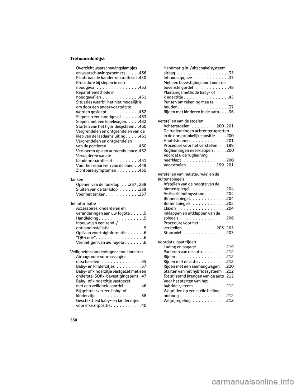 TOYOTA PRIUS PLUG-IN HYBRID 2023 Instructieboekje (in Dutch) Overzicht waarschuwingslampjes
en waarschuwingszoemers.....436
Plaats van de bandenreparatieset .450
Procedure bij slepen in een
noodgeval...............433
Reparatiemethode in
noodgevallen........... TOYOTA PRIUS PLUG-IN HYBRID 2023 Instructieboekje (in Dutch) Overzicht waarschuwingslampjes
en waarschuwingszoemers.....436
Plaats van de bandenreparatieset .450
Procedure bij slepen in een
noodgeval...............433
Reparatiemethode in
noodgevallen...........