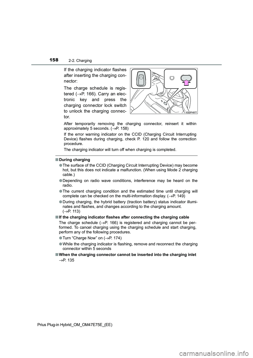TOYOTA PRIUS PLUG-IN HYBRID 2022  Owners Manual 1582-2. Charging
Prius Plug-in Hybrid_OM_OM47E75E_(EE)
If the charging indicator flashes
after inserting the charging con-
nector:
The  charge  schedule  is  regis-
tered (P. 166). Carry an elec-
t