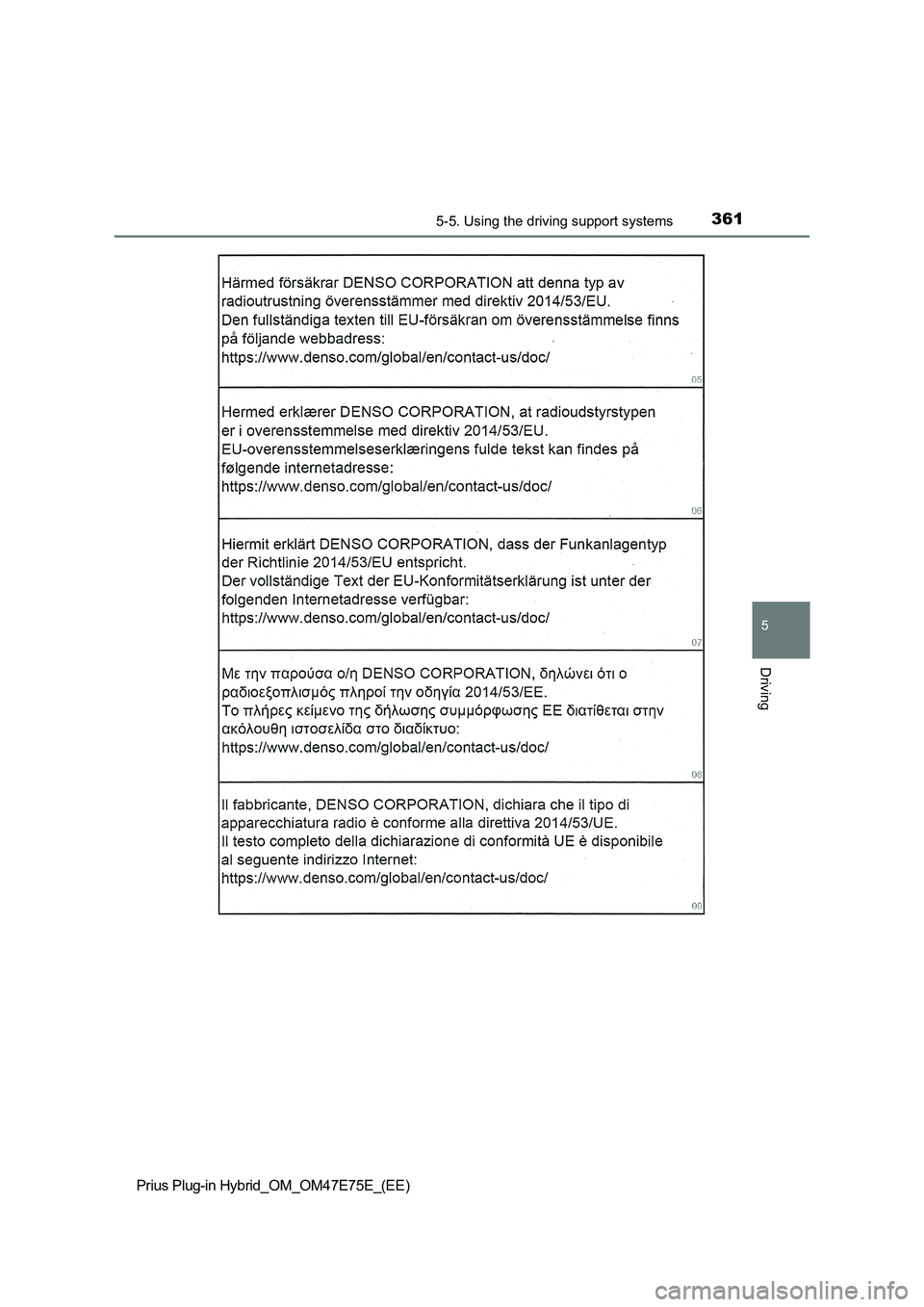 TOYOTA PRIUS PLUG-IN HYBRID 2022  Owners Manual 3615-5. Using the driving support systems
Prius Plug-in Hybrid_OM_OM47E75E_(EE)
5
Driving 