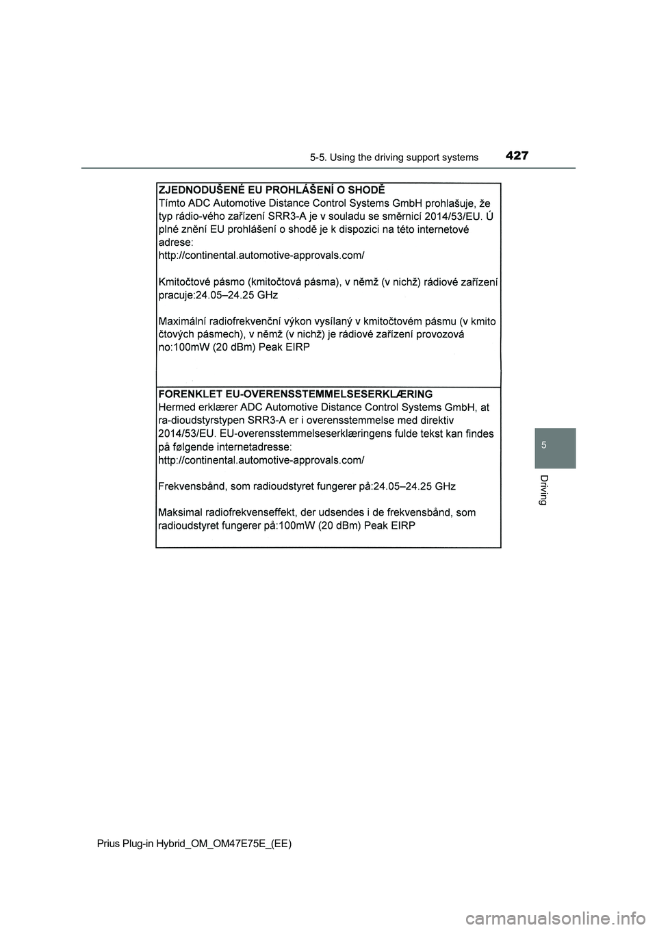 TOYOTA PRIUS PLUG-IN HYBRID 2022  Owners Manual 4275-5. Using the driving support systems
Prius Plug-in Hybrid_OM_OM47E75E_(EE)
5
Driving 