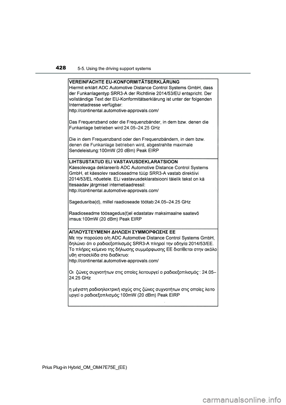 TOYOTA PRIUS PLUG-IN HYBRID 2022  Owners Manual 4285-5. Using the driving support systems
Prius Plug-in Hybrid_OM_OM47E75E_(EE) 
