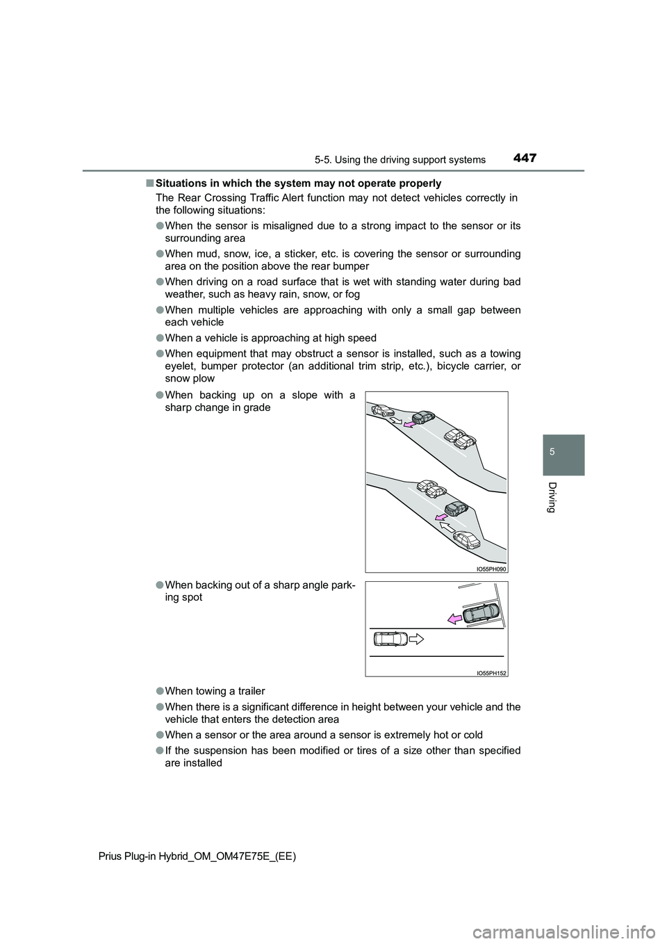 TOYOTA PRIUS PLUG-IN HYBRID 2022  Owners Manual 4475-5. Using the driving support systems
Prius Plug-in Hybrid_OM_OM47E75E_(EE)
5
Driving
�QSituations in which the system may not operate properly 
The  Rear  Crossing  Traffic Alert  function  may  