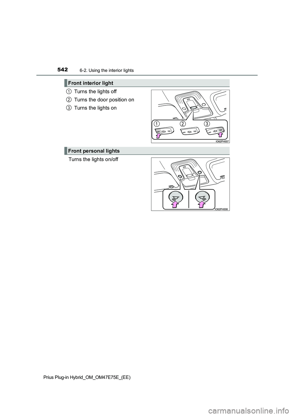 TOYOTA PRIUS PLUG-IN HYBRID 2022  Owners Manual 5426-2. Using the interior lights
Prius Plug-in Hybrid_OM_OM47E75E_(EE)
Turns the lights off
Turns the door position on
Turns the lights on
Turns the lights on/off
Front interior light
1
2
3
Front per