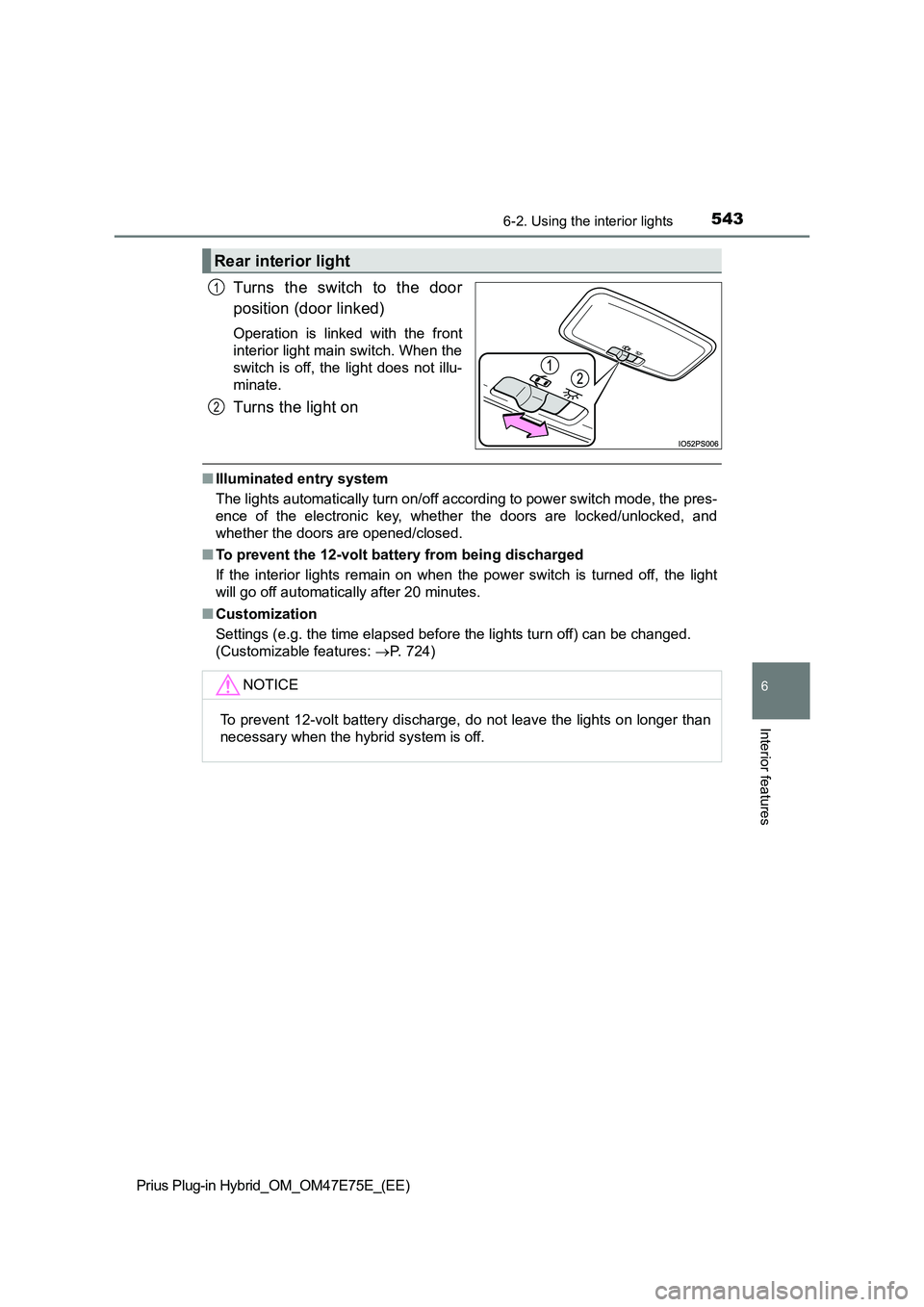 TOYOTA PRIUS PLUG-IN HYBRID 2022  Owners Manual 5436-2. Using the interior lights
Prius Plug-in Hybrid_OM_OM47E75E_(EE)
6
Interior features
Turns  the  switch  to  the  door
position (door linked)
Operation  is  linked  with  the  front
interior li