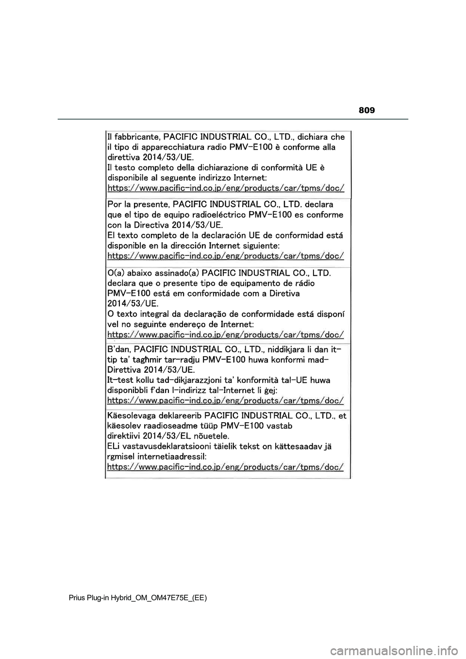 TOYOTA PRIUS PLUG-IN HYBRID 2022  Owners Manual 809
Prius Plug-in Hybrid_OM_OM47E75E_(EE) 
