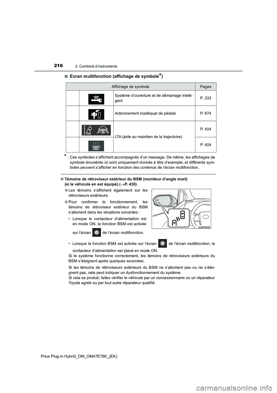 TOYOTA PRIUS PLUG-IN HYBRID 2022  Manuel du propriétaire (in French) 2163. Combiné d’instruments
Prius Plug-in Hybrid_OM_OM47E76K_(EK)�Q
Ecran multifonction (affichage de symbole*)
* : Ces symboles s’affichent accompagnés d’un message. De même, les affichages 