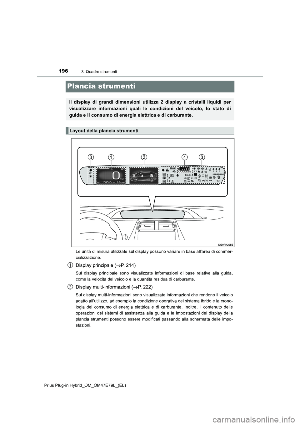 TOYOTA PRIUS PLUG-IN HYBRID 2022 Manuale duso (in Italian) 1963. Quadro strumenti
Prius Plug-in Hybrid_OM_OM47E79L_(EL)
Plancia strumenti
Le unità di misura utilizzate sul display possono variare in base all’area di commer-
cializzazione.
Display principal TOYOTA PRIUS PLUG-IN HYBRID 2022 Manuale duso (in Italian) 1963. Quadro strumenti
Prius Plug-in Hybrid_OM_OM47E79L_(EL)
Plancia strumenti
Le unità di misura utilizzate sul display possono variare in base all’area di commer-
cializzazione.
Display principal