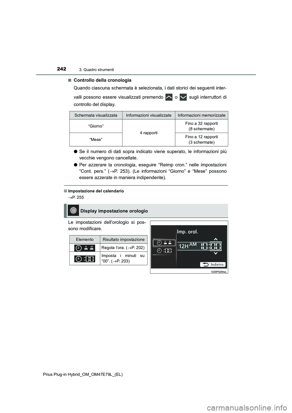 TOYOTA PRIUS PLUG-IN HYBRID 2022  Manuale duso (in Italian) 2423. Quadro strumenti
Prius Plug-in Hybrid_OM_OM47E79L_(EL)�Q
Controllo della cronologia
Quando ciascuna schermata è selezionata, i dati storici dei seguenti inter-
valli possono essere visualizzati