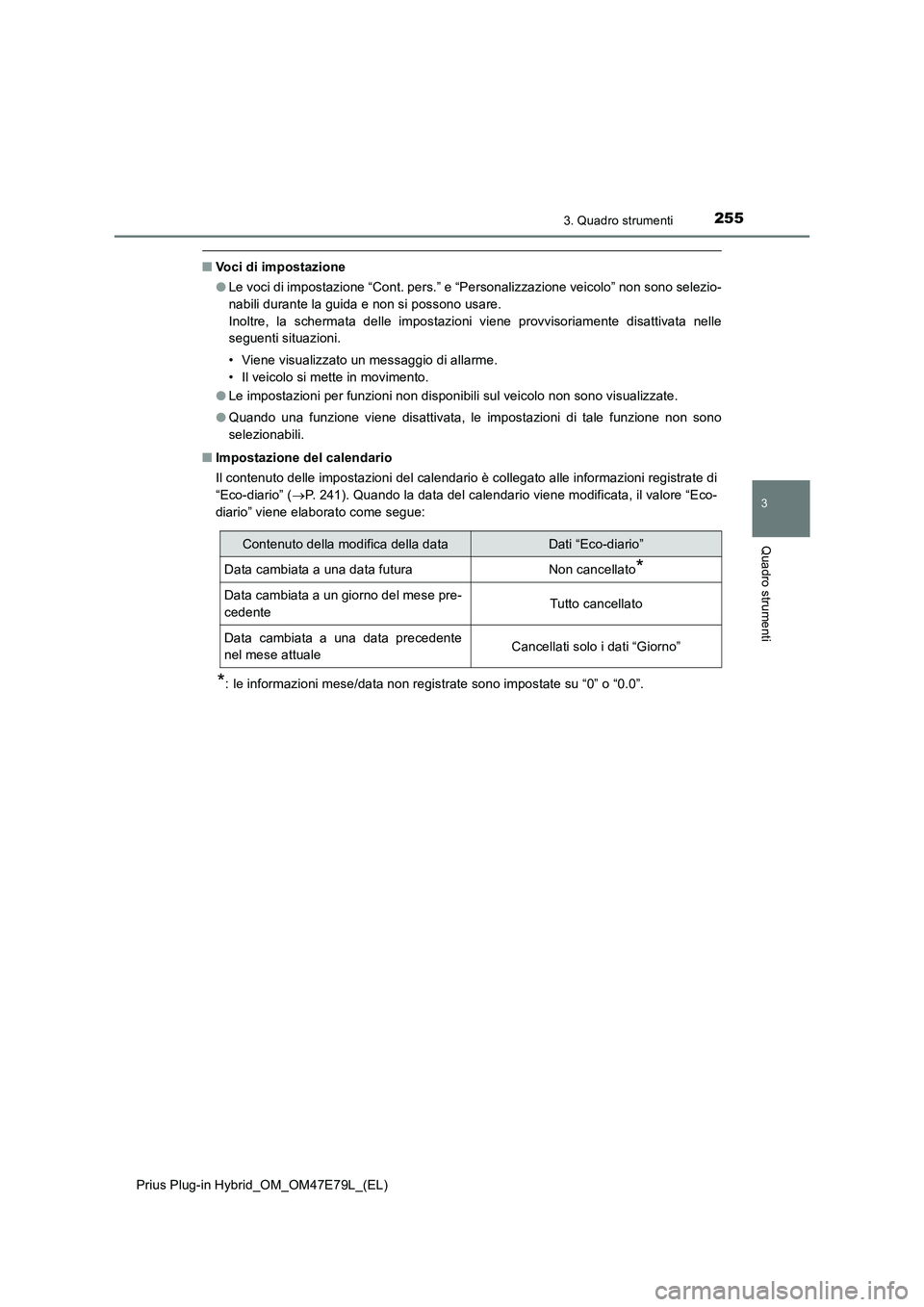 TOYOTA PRIUS PLUG-IN HYBRID 2022  Manuale duso (in Italian) 2553. Quadro strumenti
3
Quadro strumenti
Prius Plug-in Hybrid_OM_OM47E79L_(EL)
�QVoci di impostazione
�OLe voci di impostazione “Cont. pers.” e “Personalizzazione veicolo” non sono selezio-
n