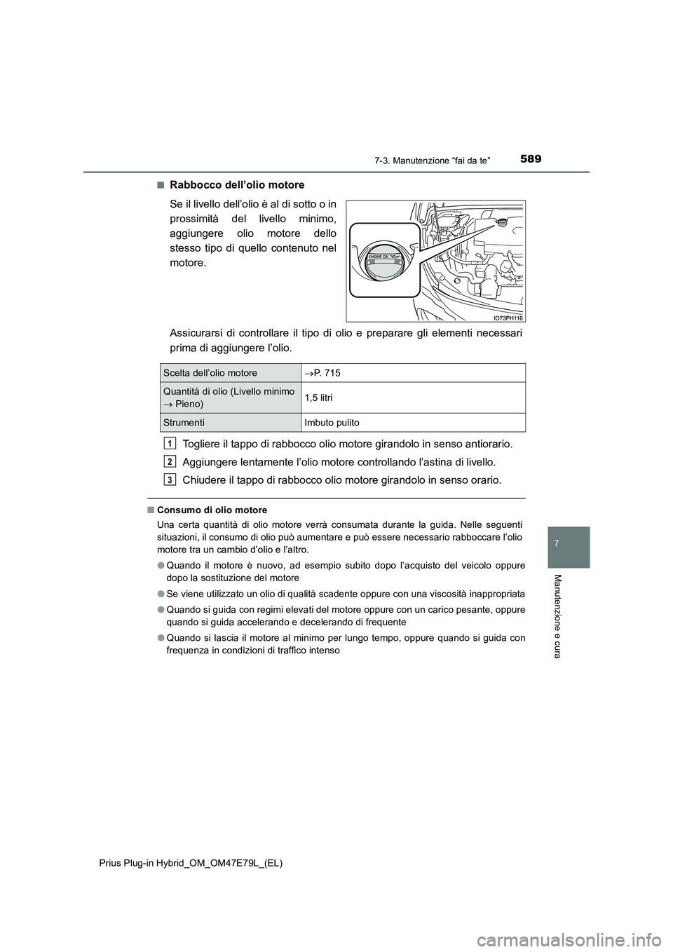 TOYOTA PRIUS PLUG-IN HYBRID 2022  Manuale duso (in Italian) 5897-3. Manutenzione “fai da te”
Prius Plug-in Hybrid_OM_OM47E79L_(EL)
7
Manutenzione e cura
�QRabbocco dell’olio motore 
Se il livello dell’olio è al di sotto o in 
prossimità del livello m
