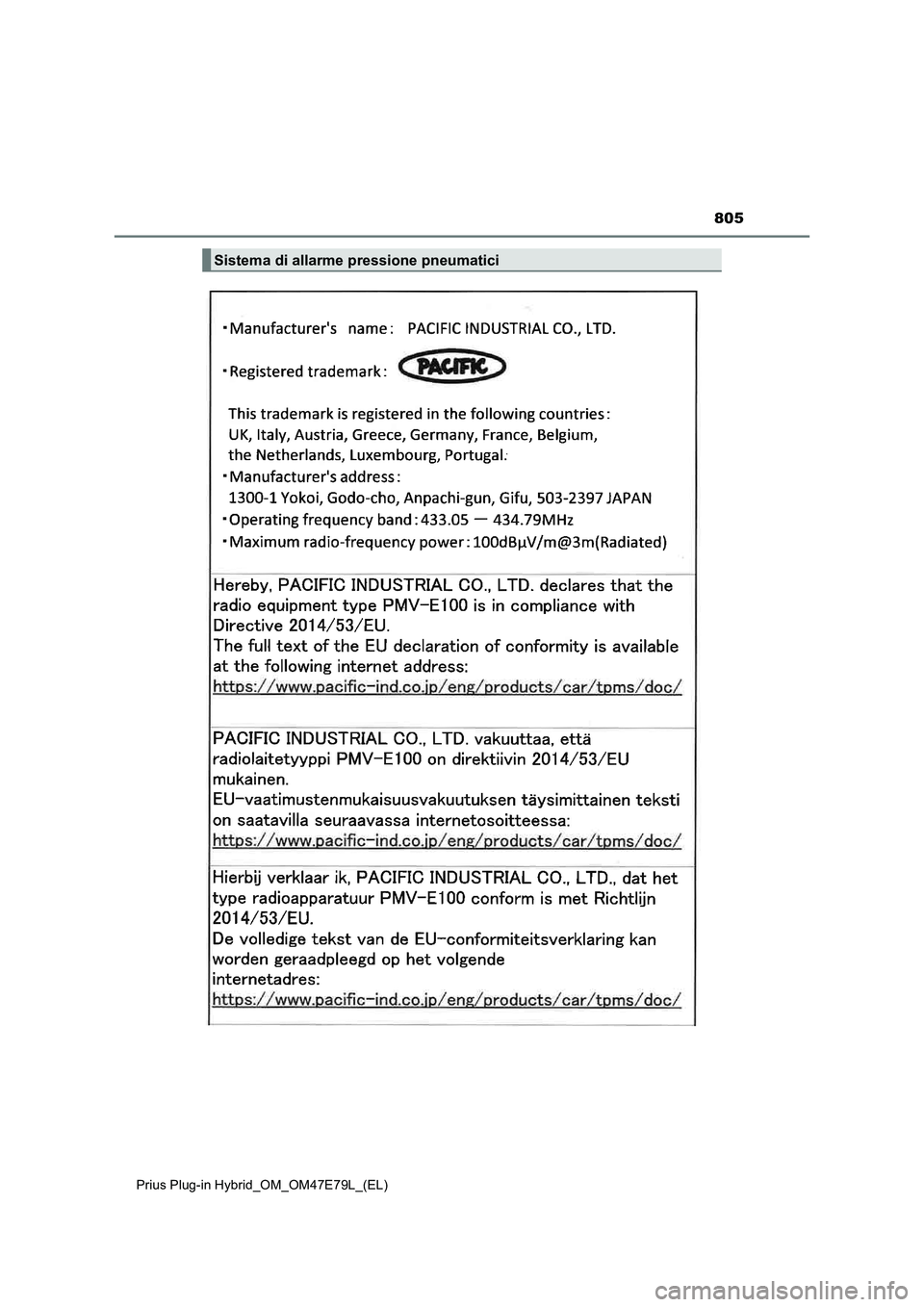 TOYOTA PRIUS PLUG-IN HYBRID 2022  Manuale duso (in Italian) 805
Prius Plug-in Hybrid_OM_OM47E79L_(EL)
Sistema di allarme pressione pneumatici 