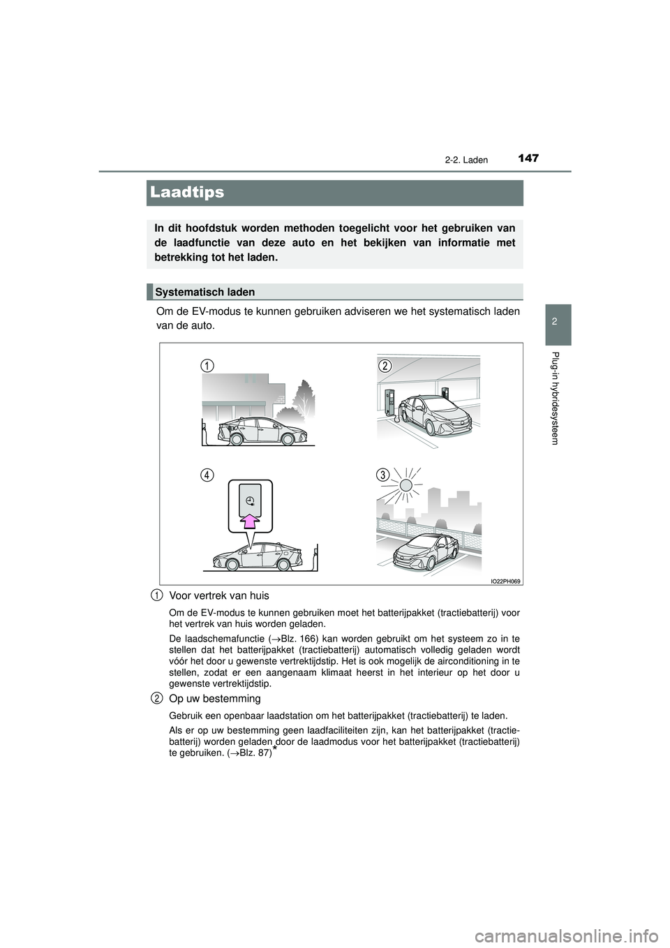 TOYOTA PRIUS PLUG-IN HYBRID 2022 Instructieboekje (in Dutch) 147
2
2-2. Laden
Plug-in hybridesysteem
Prius Plug-in Hybrid_OM_OM47E75E_(EE)
Laadtips
Om de EV-modus te kunnen gebruiken adviseren we het systematisch laden
van de auto.Voor vertrek van huis
Om de EV TOYOTA PRIUS PLUG-IN HYBRID 2022 Instructieboekje (in Dutch) 147
2
2-2. Laden
Plug-in hybridesysteem
Prius Plug-in Hybrid_OM_OM47E75E_(EE)
Laadtips
Om de EV-modus te kunnen gebruiken adviseren we het systematisch laden
van de auto.Voor vertrek van huis
Om de EV