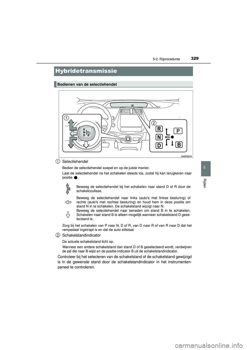 TOYOTA PRIUS PLUG-IN HYBRID 2022 Instructieboekje (in Dutch) 3295-2. Rijprocedures
Prius Plug-in Hybrid_OM_OM47E75E_(EE)
5
Rijden
Hybridetransmissie
Selectiehendel
Bedien de selectiehendel soepel en op de juiste manier.
Laat de selectiehendel na het schakelen s TOYOTA PRIUS PLUG-IN HYBRID 2022 Instructieboekje (in Dutch) 3295-2. Rijprocedures
Prius Plug-in Hybrid_OM_OM47E75E_(EE)
5
Rijden
Hybridetransmissie
Selectiehendel
Bedien de selectiehendel soepel en op de juiste manier.
Laat de selectiehendel na het schakelen s