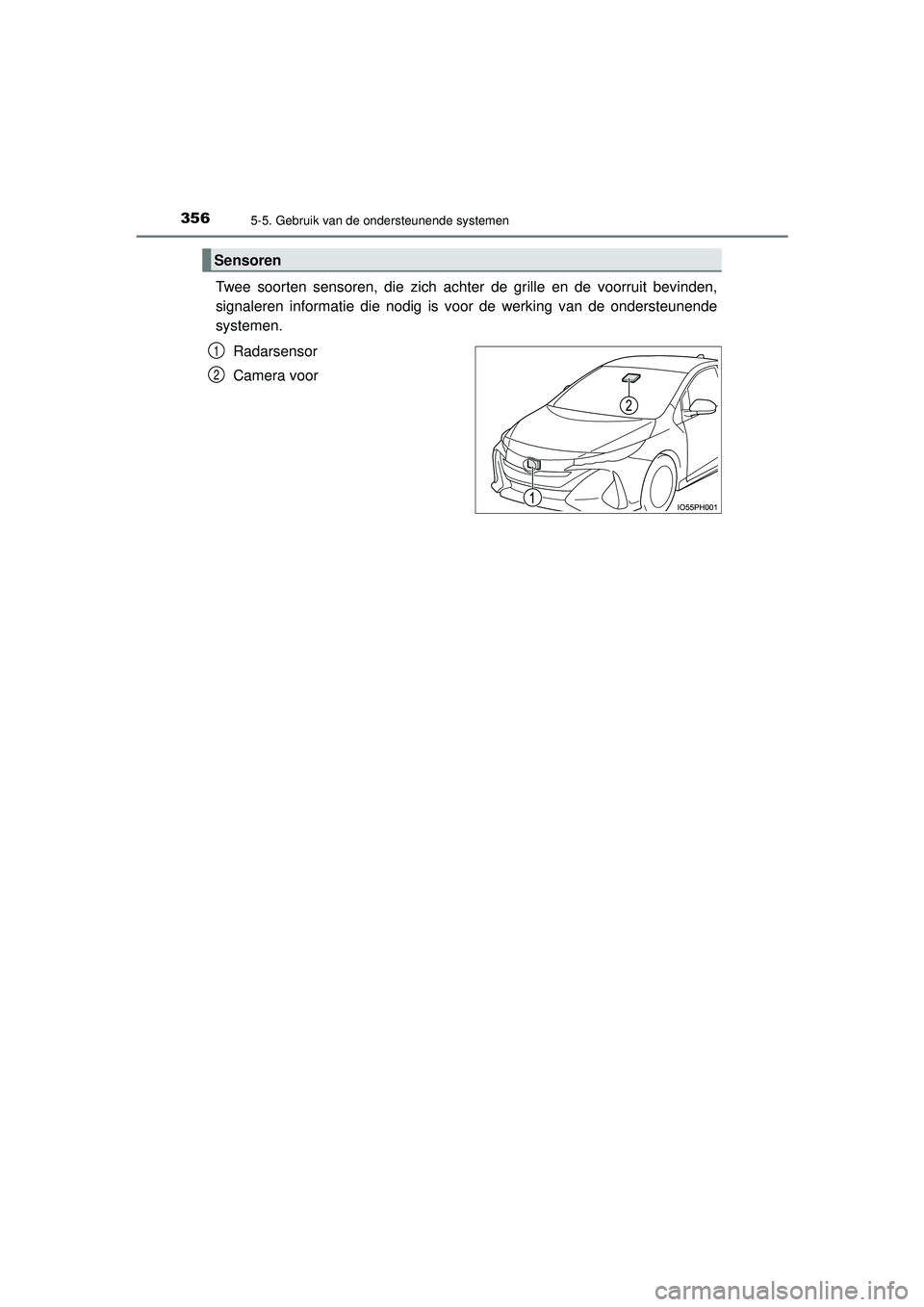 TOYOTA PRIUS PLUG-IN HYBRID 2022  Instructieboekje (in Dutch) 3565-5. Gebruik van de ondersteunende systemen
Prius Plug-in Hybrid_OM_OM47E75E_(EE)
Twee soorten sensoren, die zich achter de grille en de voorruit bevinden,
signaleren informatie die nodig is voor d