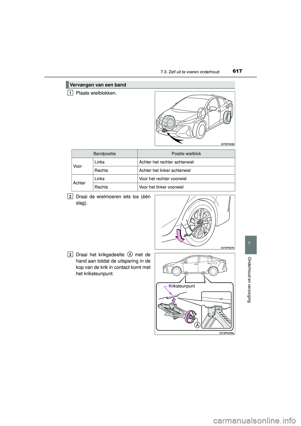 TOYOTA PRIUS PLUG-IN HYBRID 2022  Instructieboekje (in Dutch) 6177-3. Zelf uit te voeren onderhoud
Prius Plug-in Hybrid_OM_OM47E75E_(EE)
7
Onderhoud en verzorging
Plaats wielblokken.
Draai de wielmoeren iets los (één
slag).
Draai het krikgedeelte   met de
hand