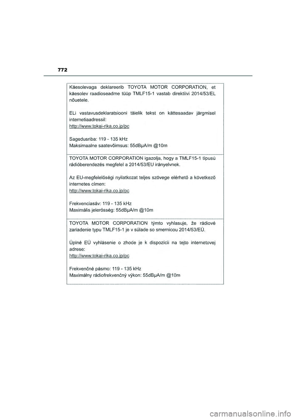 TOYOTA PRIUS PLUG-IN HYBRID 2022  Instructieboekje (in Dutch) 772
Prius Plug-in Hybrid_OM_OM47E75E_(EE)
Prius Plug-in Hybrid_OM_OM47E75E_(EE).book  Page 772  Tuesday, May 11, 2021  9:32 AM 