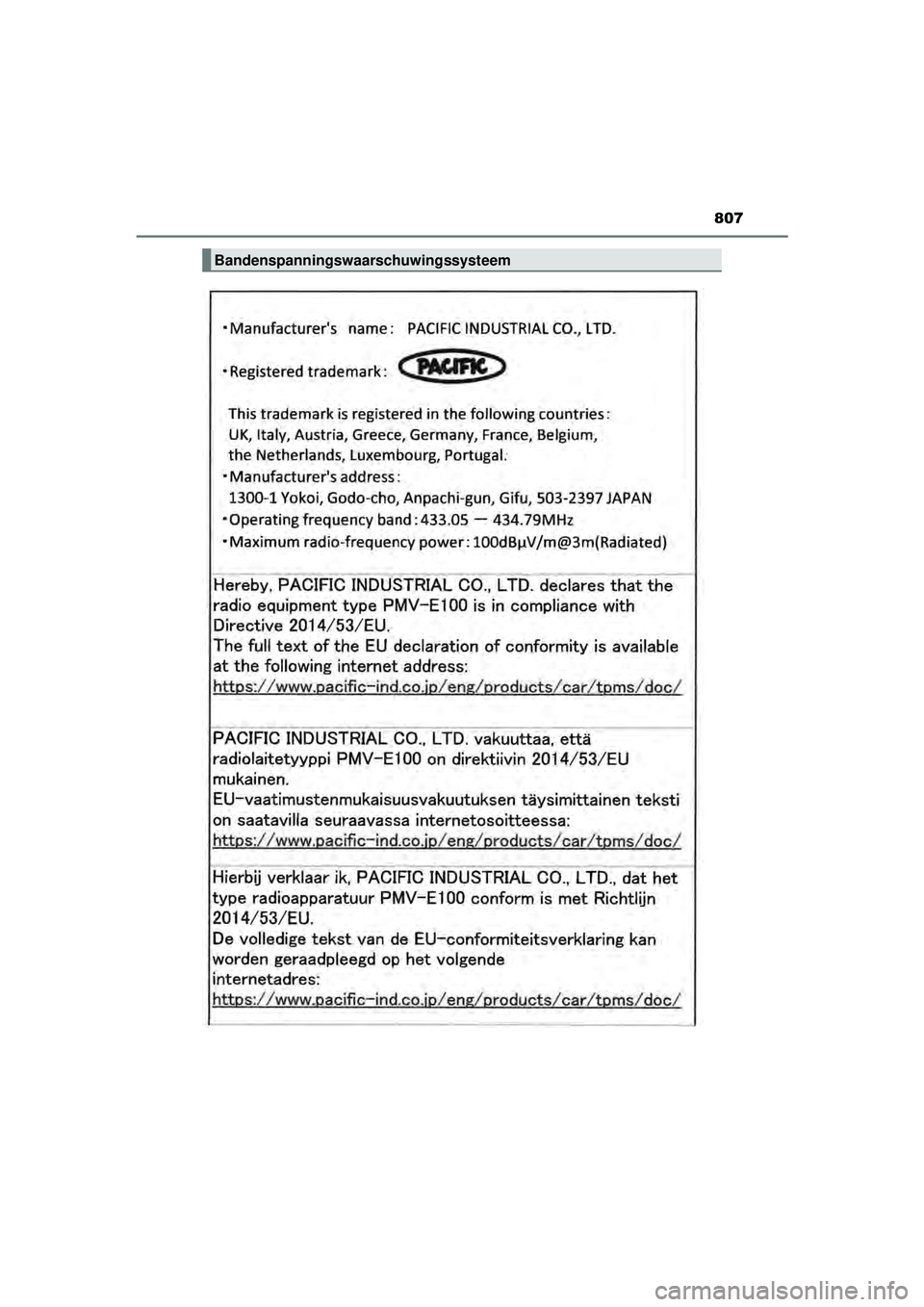 TOYOTA PRIUS PLUG-IN HYBRID 2022  Instructieboekje (in Dutch) 807
Prius Plug-in Hybrid_OM_OM47E75E_(EE)
Bandenspanningswaarschuwingssysteem
Prius Plug-in Hybrid_OM_OM47E75E_(EE).book  Page 807  Tuesday, May 11, 2021  9:32 AM 