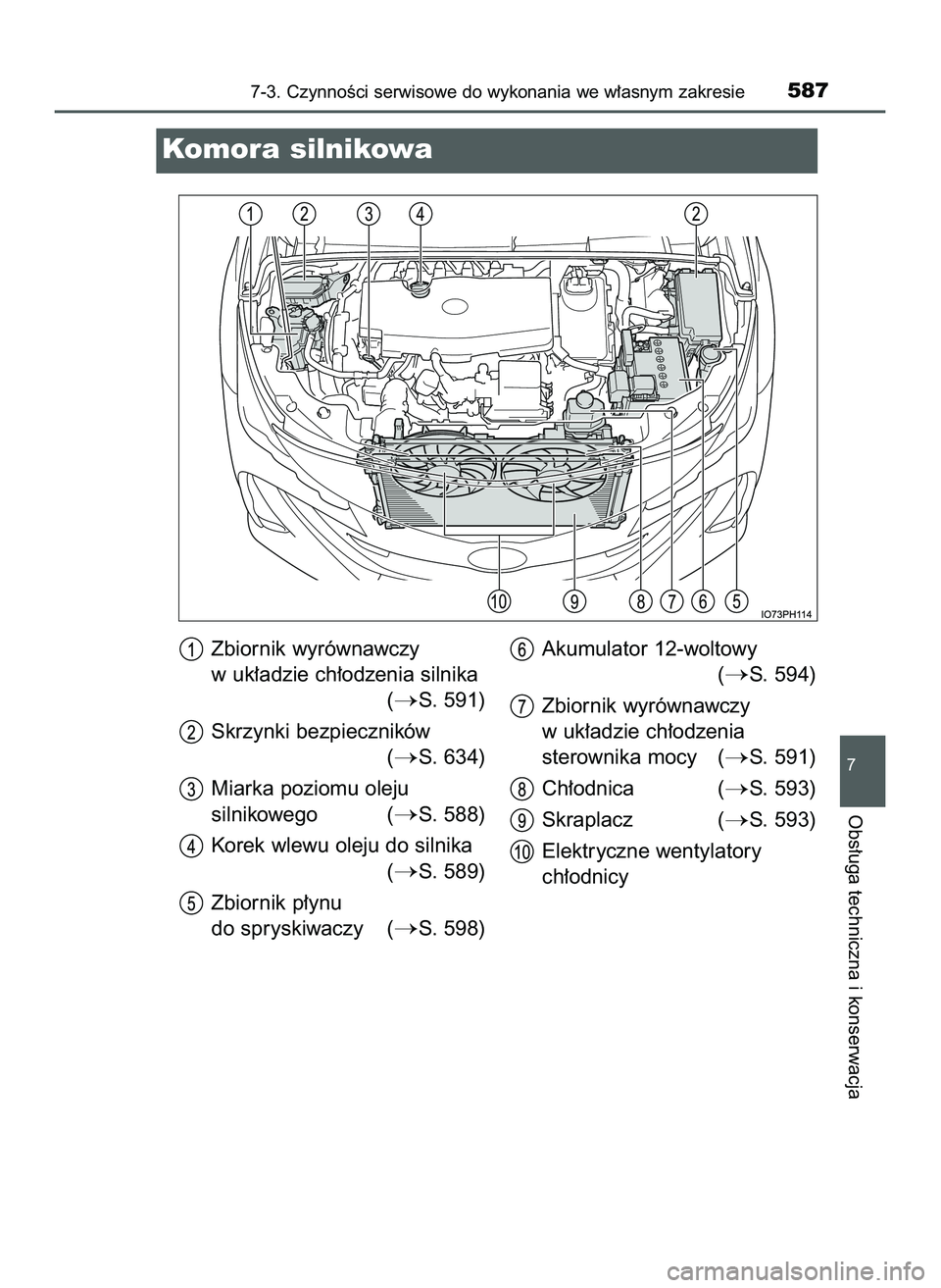 TOYOTA PRIUS PLUG-IN HYBRID 2022  Instrukcja obsługi (in Polish) 7-3. CzynnoÊci serwisowe do wykonania we w∏asnym zakresie587
7
Obs∏uga techniczna i konserwacja
Komora silnikowa
Zbiornik wyrównawczy
w uk∏adzie ch∏odzenia silnika 
(
S. 591)
Skrzynki bezpi
