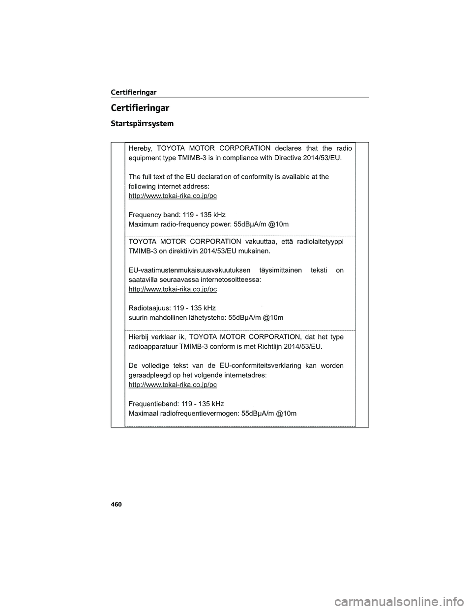 TOYOTA PRIUS PLUG-IN HYBRID 2022  Bruksanvisningar (in Swedish) Certifieringar
Startspärrsystem
Certifieringar
460 
