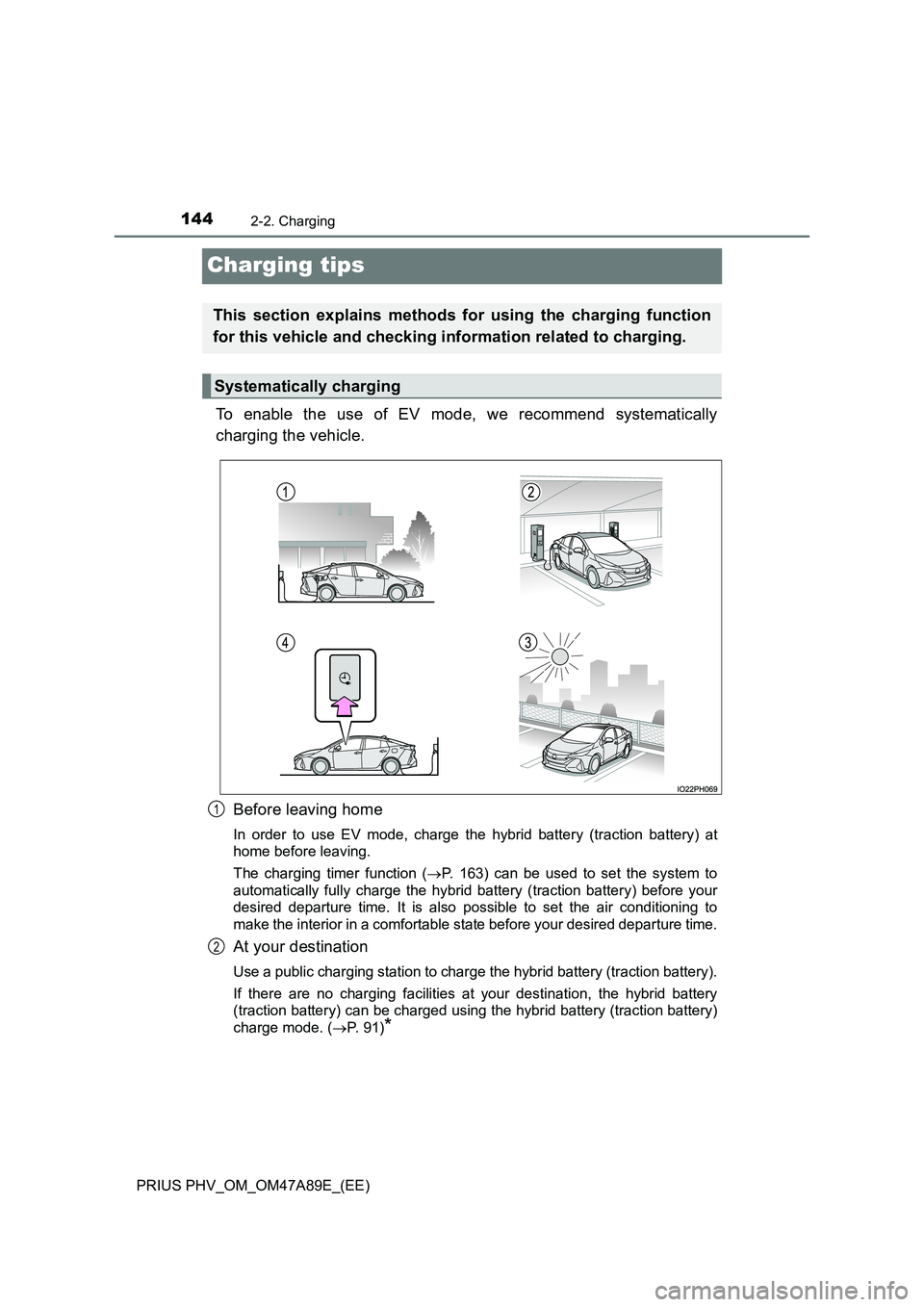TOYOTA PRIUS PLUG-IN HYBRID 2017  Owners Manual 1442-2. Charging
PRIUS PHV_OM_OM47A89E_(EE)
Charging tips
To enable the use of EV mode, we recommend systematically 
charging the vehicle. 
Before leaving home
In order to use EV mode, charge the hybr
