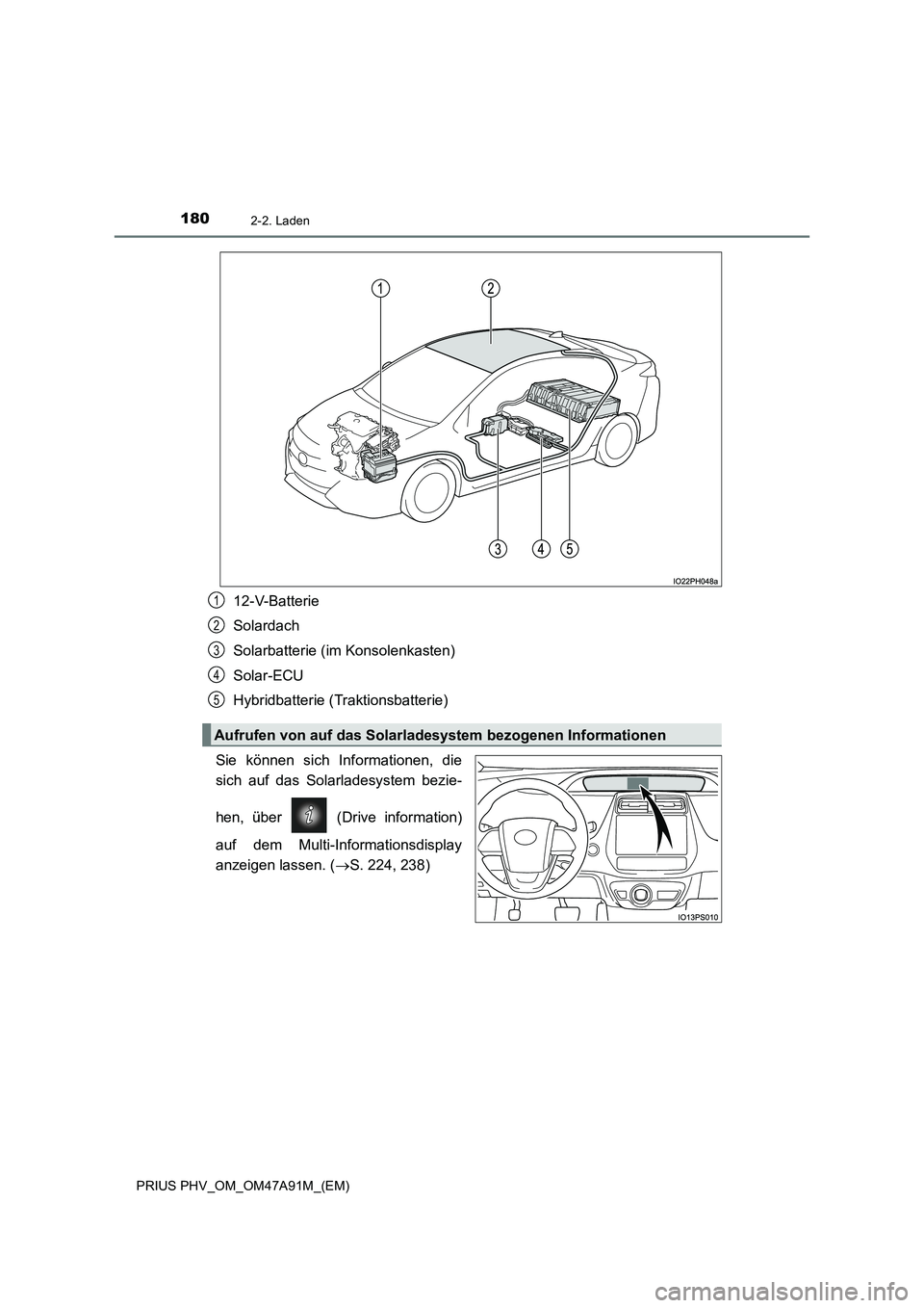 TOYOTA PRIUS PLUG-IN HYBRID 2016  Betriebsanleitungen (in German) 1802-2. Laden
PRIUS PHV_OM_OM47A91M_(EM)
12-V-Batterie
Solardach
Solarbatterie (im Konsolenkasten)
Solar-ECU
Hybridbatterie (Traktionsbatterie)
Sie können sich Informationen, die
sich auf das Solarla