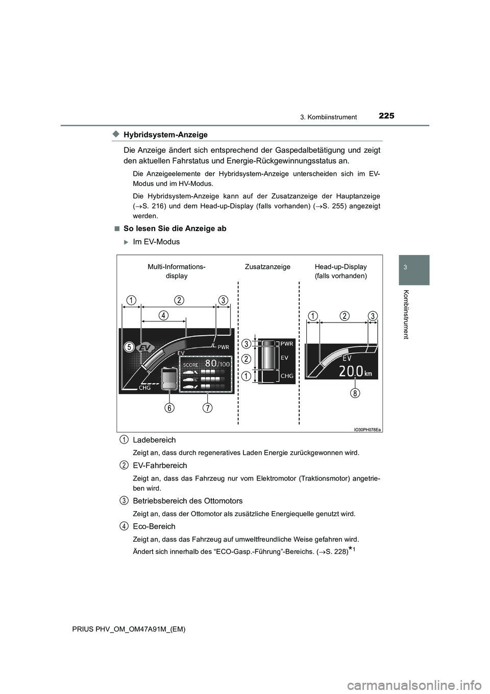 TOYOTA PRIUS PLUG-IN HYBRID 2016 Betriebsanleitungen (in German) 2253. Kombiinstrument
3
Kombiinstrument
PRIUS PHV_OM_OM47A91M_(EM)
◆Hybridsystem-Anzeige
Die Anzeige ändert sich entsprechend der Gaspedalbetätigung und zeigt
den aktuellen Fahrstatus und Energie- TOYOTA PRIUS PLUG-IN HYBRID 2016 Betriebsanleitungen (in German) 2253. Kombiinstrument
3
Kombiinstrument
PRIUS PHV_OM_OM47A91M_(EM)
◆Hybridsystem-Anzeige
Die Anzeige ändert sich entsprechend der Gaspedalbetätigung und zeigt
den aktuellen Fahrstatus und Energie-