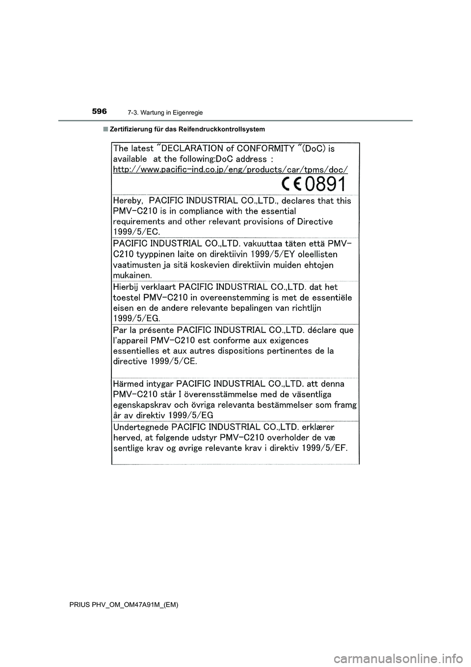 TOYOTA PRIUS PLUG-IN HYBRID 2016  Betriebsanleitungen (in German) 5967-3. Wartung in Eigenregie
PRIUS PHV_OM_OM47A91M_(EM)■Zertifizierung für das Reifendruckkontrollsystem 