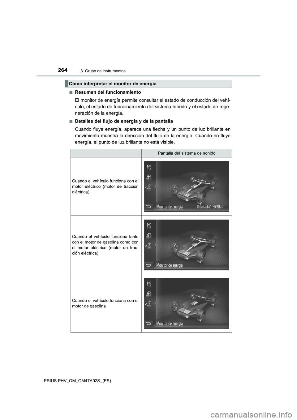 TOYOTA PRIUS PLUG-IN HYBRID 2017  Manual del propietario (in Spanish) 2643. Grupo de instrumentos
PRIUS PHV_OM_OM47A92S_(ES)■
Resumen del funcionamiento
El monitor de energía permite consultar el estado de conducción del vehí-
culo, el estado de funcionamiento del 