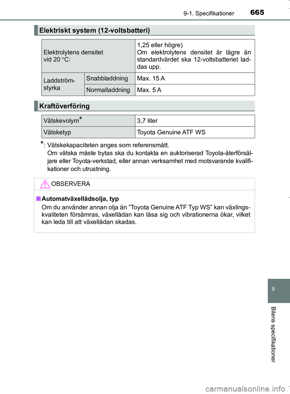 TOYOTA PRIUS PLUG-IN HYBRID 2017  Bruksanvisningar (in Swedish) 6659-1. Specifikationer
OM47A89SE
9
Bilens specifikationer
*: Vätskekapaciteten anges som referensmått.Om vätska måste bytas ska du kontakta en auktoriserad Toyota-återförsäl-
jare eller Toyota